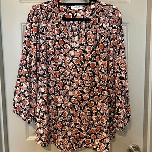 Black and orange floral V neck blouse